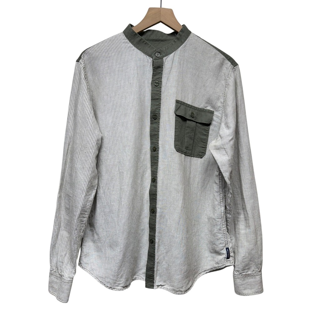 Armani Exchange Mens Shirt Linen‎ Blend Button Up Sz L Green Striped Long Sleeve